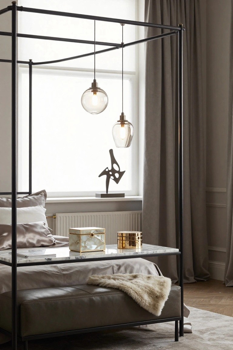 Black metal four-poster bed in a bedroom with marble-topped bedside table holding gold cylinders and a white decorative box with pearl lid, abstract metal sculpture on windowsill, pendant lights, gray curtains, and fur throw on gray tufted base.