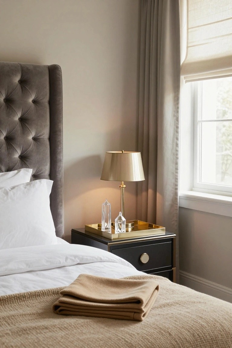 Bedroom corner with tufted gray velvet headboard, white pillows and bedding topped by tan throw, black nightstand holding brass lamp and gold tray with crystal objects and candle holder, next to window with beige curtains and light-filtering blinds.