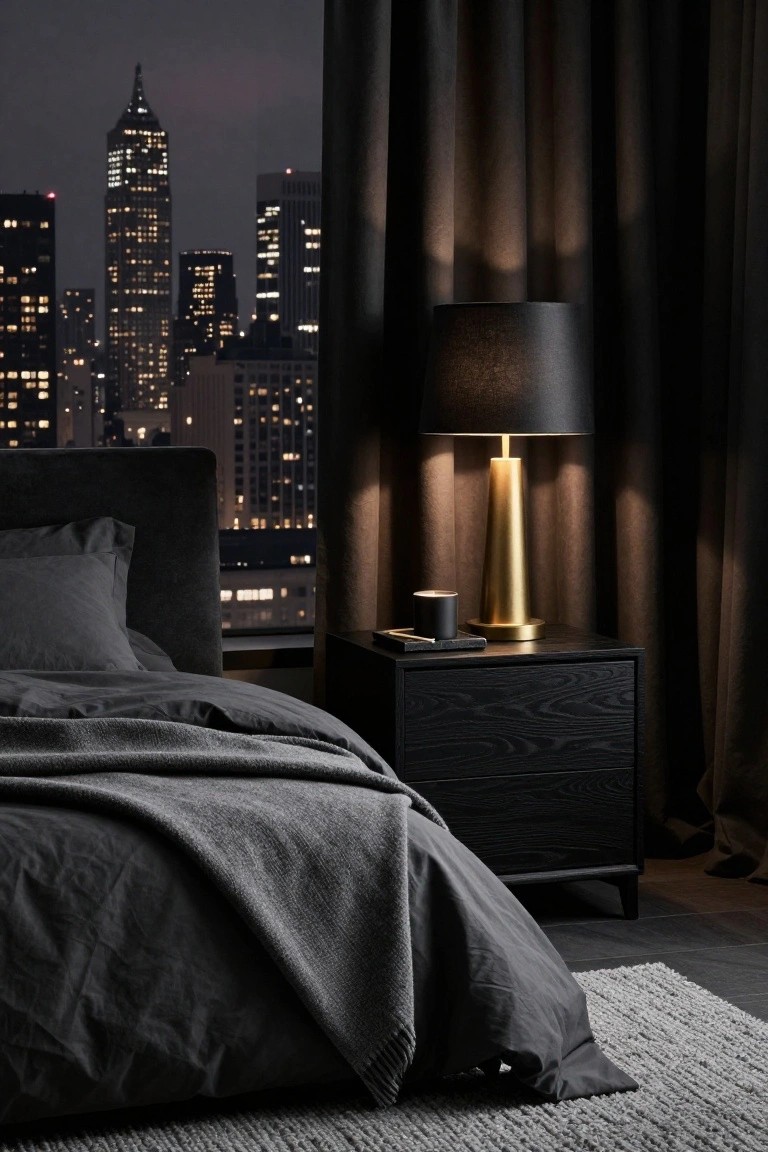 Dark bedroom with gray bedding on a black upholstered bed, black nightstand holding a brass lamp with black shade and a small candle, black curtains framing a nighttime city skyline view through large windows.