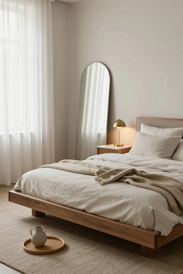 A neutral-toned bedroom with a low wooden platform bed draped in white linen sheets and a beige throw, tall arched mirror against the wall, sheer white curtains on windows, gold lamp on bedside table, and cream ceramic jug on round woven tray on beige rug beside the bed.