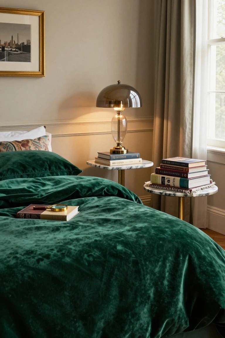 A bedroom featuring emerald green velvet bedding with an open vintage book and magnifying glass on top, flanked by marble pedestal nightstands holding stacks of books and a brass mushroom lamp, next to a window with cream curtains.