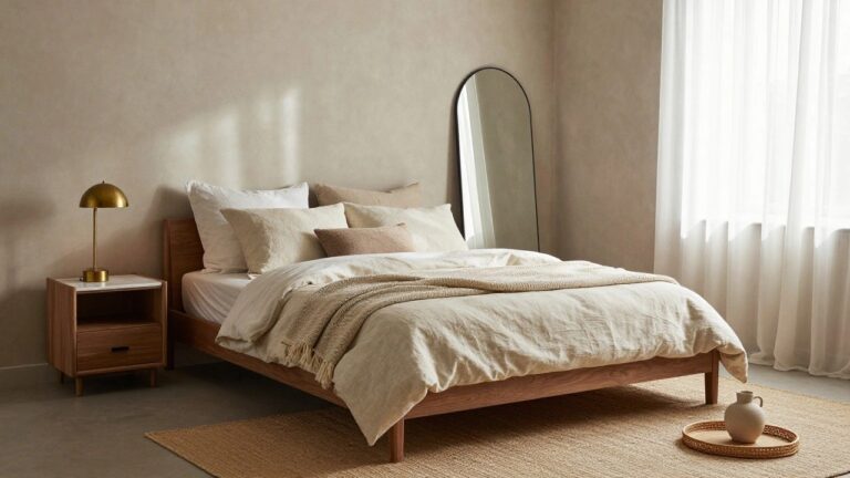 23 Creative Luxury Bedroom Accessories That Complete the Look A neutral-toned bedroom with a low wooden platform bed draped in white linen sheets and a beige throw, tall arched mirror against the wall, sheer white curtains on windows, gold lamp on bedside table, and cream ceramic jug on round woven tray on beige rug beside the bed.