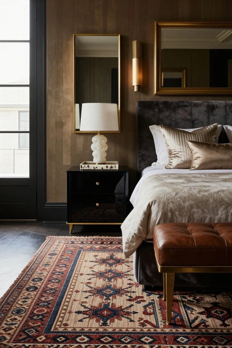 A luxury bedroom with dark velvet upholstered headboard, beige silk pillows and duvet on the bed, black lacquer nightstand holding a white bubbled glass lamp and tray, gold-framed mirrors on wood-paneled wall, brown tufted leather ottoman with gold legs at bed's foot, and patterned rug on dark floor.
