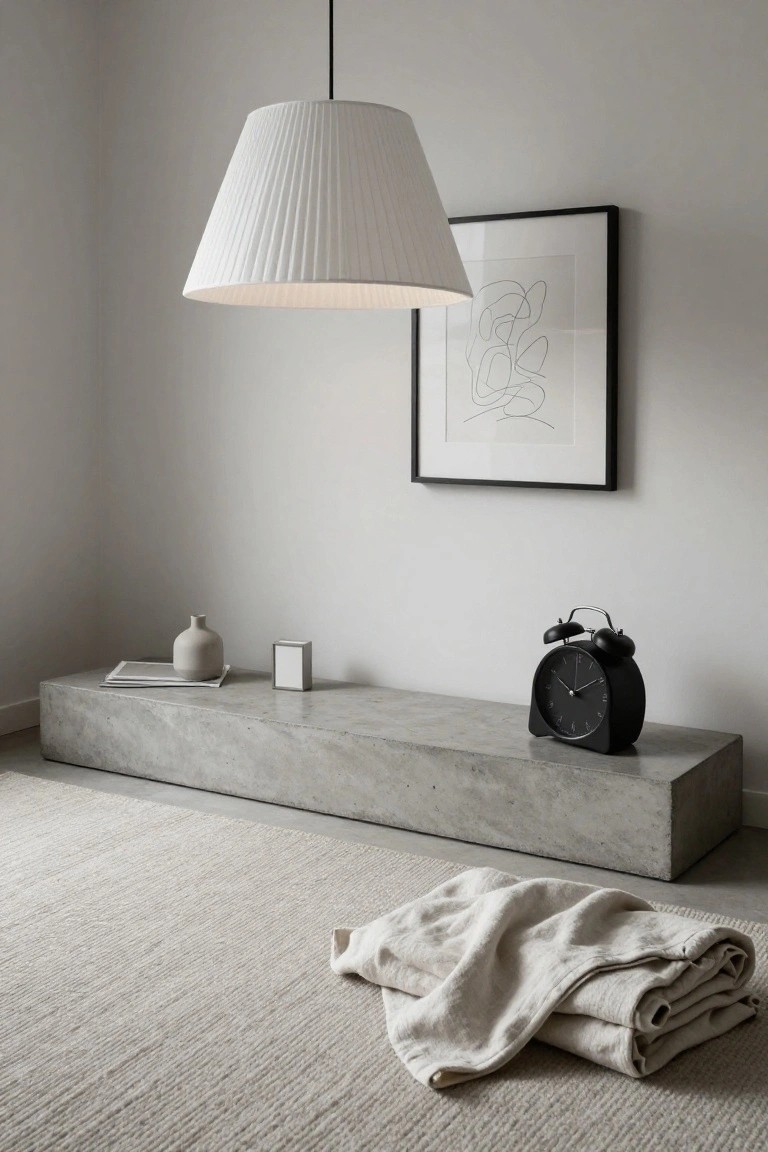 Minimalist indoor corner with low gray concrete bench holding stacked papers, beige vase, white box, and black alarm clock, plus folded white linen throw on beige rug below, large white pendant lamp overhead, and abstract black line art in black frame on white wall.