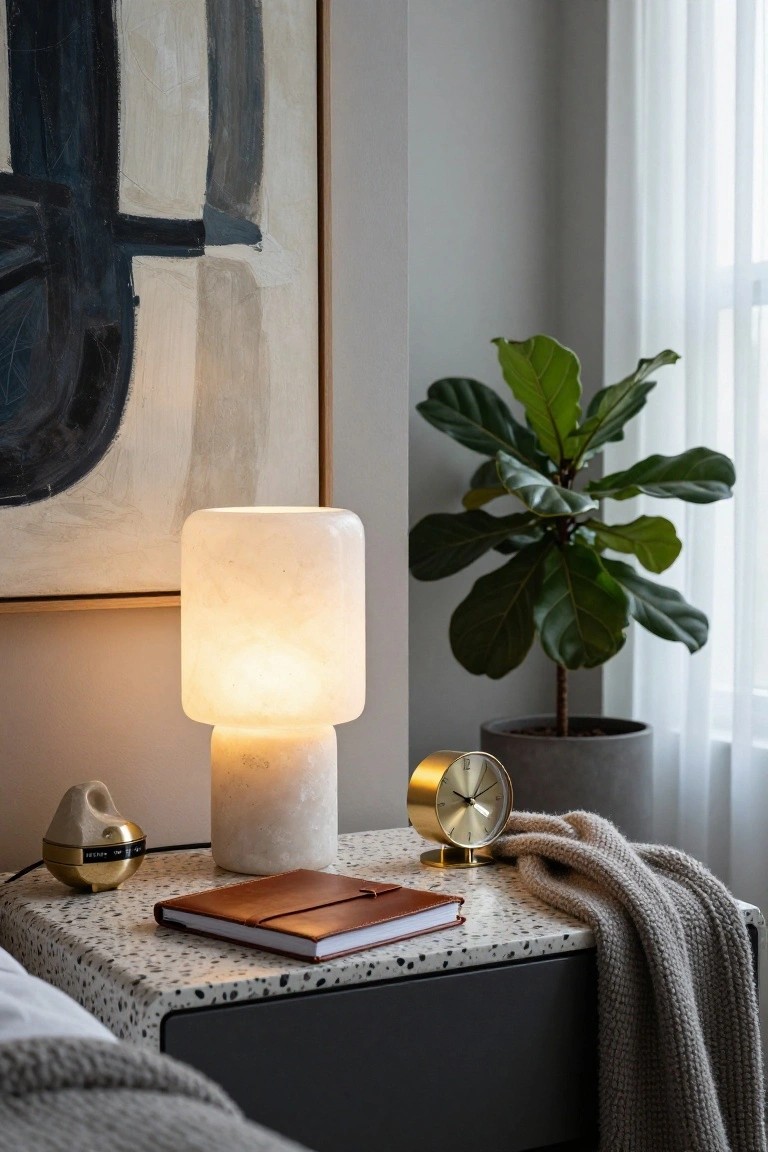 Bedroom nightstand with white marble table lamp lit up, gold alarm clock, leather notebook, cream candle holder, on speckled white terrazzo surface next to bed drawer, fiddle leaf fig plant, sheer curtain, and abstract painting on wall.