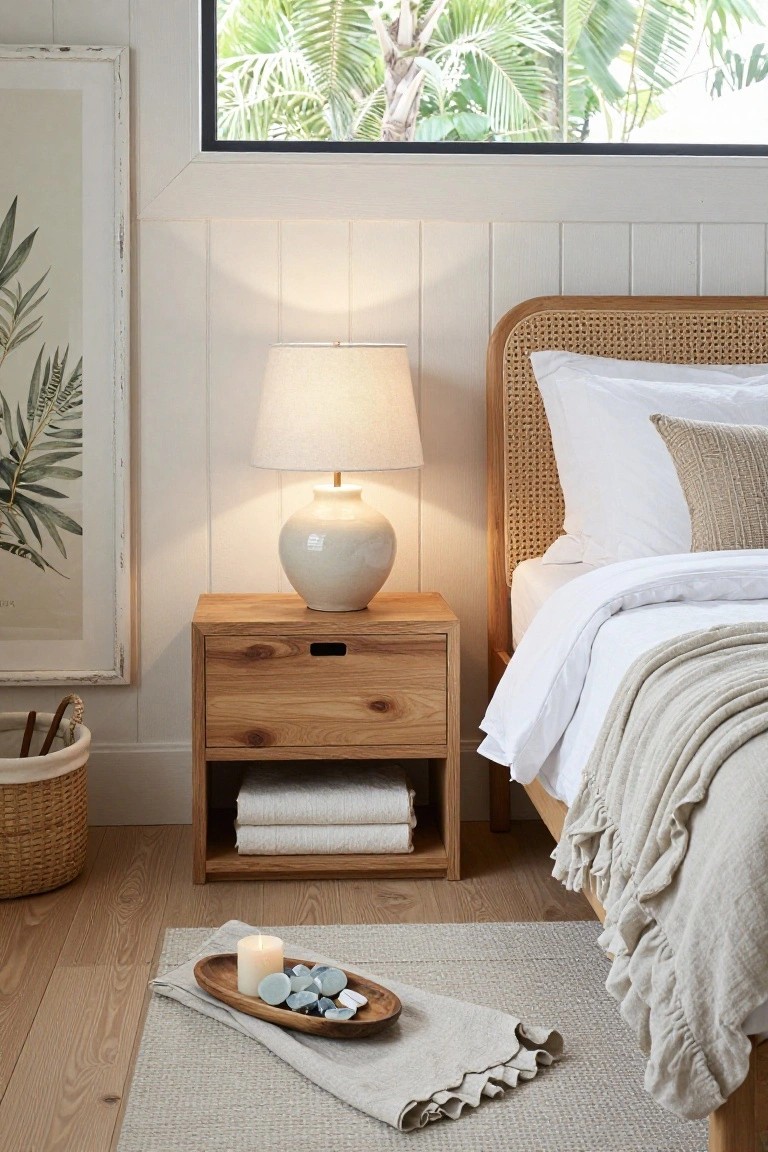 Wooden nightstand beside rattan bed frame in white bedroom, topped with ceramic lamp and ginger jar, stacked white towels on lower shelf, basket on wood floor near window with palm trees outside.