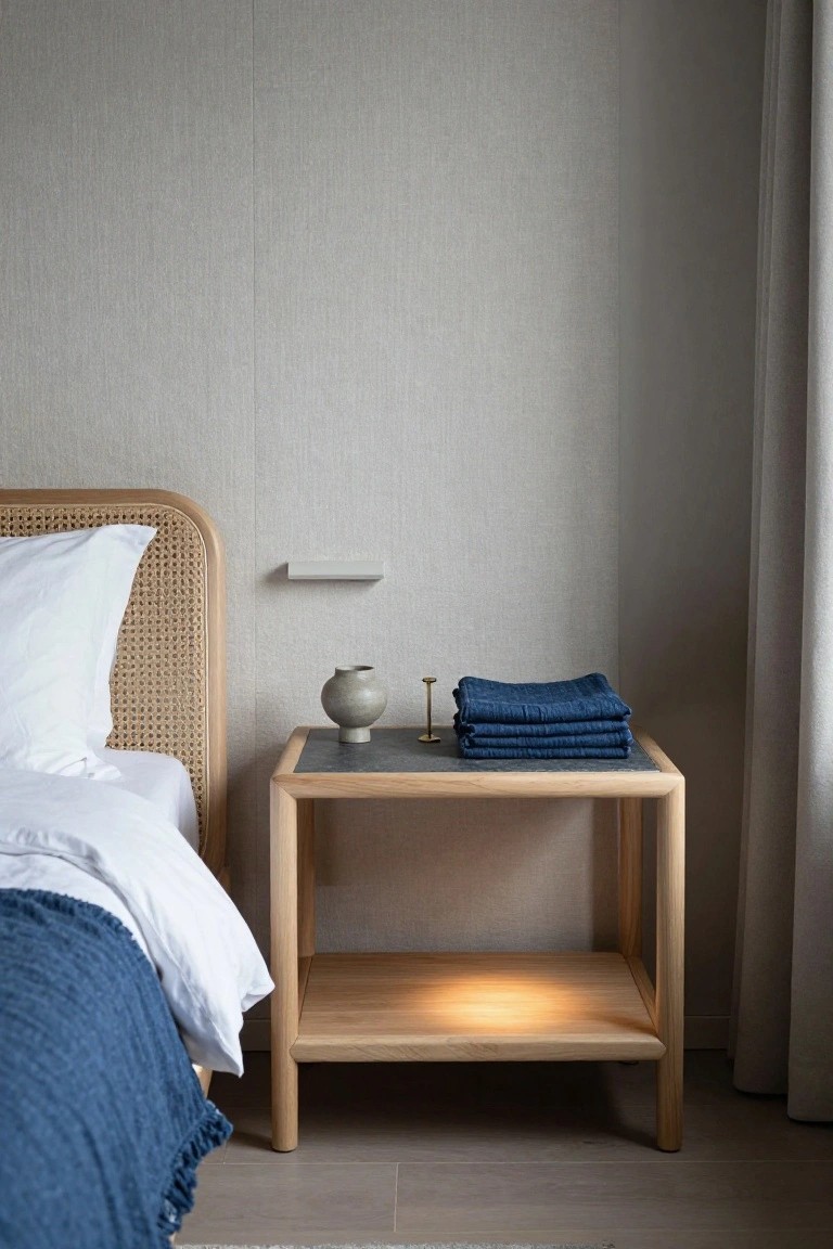 Bedroom corner with rattan bed frame, white pillows and sheets, navy fringed throw, next to open wooden nightstand on stone top holding gray bulbous vase, gold candle holder, and stacked navy linen towels, with warm light glowing from lower shelf.