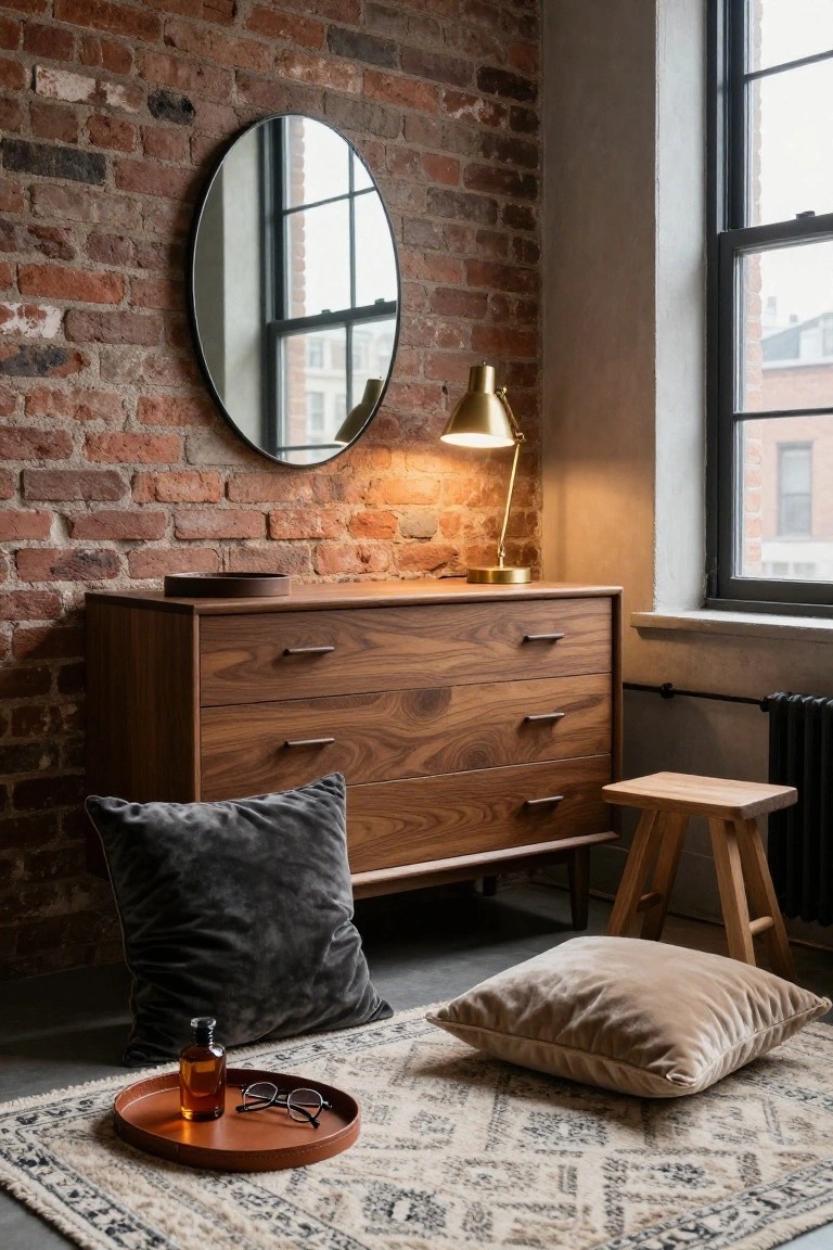 Corner of a bedroom with exposed brick walls, a wooden dresser topped with a lamp and tray, a round mirror, gold desk lamp, wooden stool, two large plush pillows on the floor, and an orange tray holding a perfume bottle and glasses on a patterned rug.