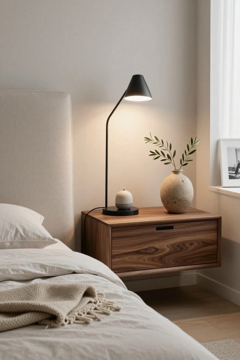 Floating walnut nightstand in a light bedroom with black gooseneck lamp turned on, textured beige stone vase containing olive branches, white pebble-shaped candle holder, next to beige upholstered bed with white linens.