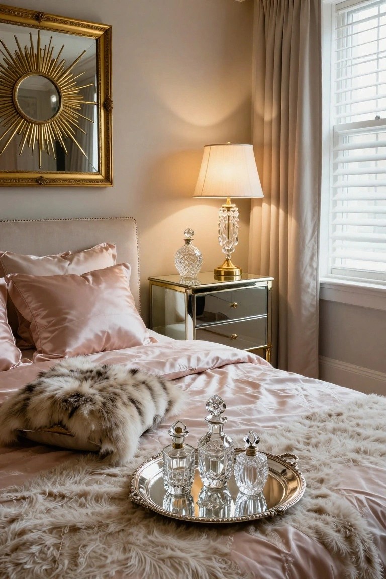 A bedroom featuring pink silk bedding with a silver tray of crystal perfume bottles placed on the bed, a fur throw, mirrored nightstand with crystal lamp and decanter, and a gold sunburst mirror on the wall.