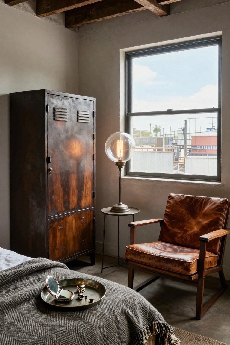 Bedroom corner showing a tall patinated metal wardrobe next to a large window, leather armchair with globe lamp on metal side table, and bed with gray throw blanket and brass tray holding compact and jewelry.