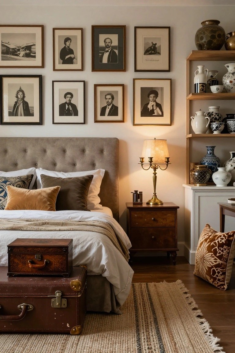 Bedroom interior with tufted beige headboard, white bedding with throw pillows, stacked brown vintage suitcases and wooden box on floor beside bed, wooden nightstand with brass lamp, open wood shelves holding white and blue pottery, and gallery wall of black-and-white framed photos.