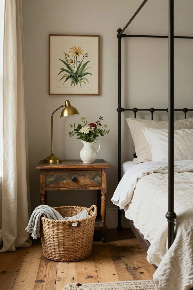 Bedroom corner featuring a black metal poster bed with white linen bedding, wooden nightstand with gold arched lamp and white vase of mixed flowers, framed botanical print on wall, and wicker basket holding gray blankets on hardwood floor.