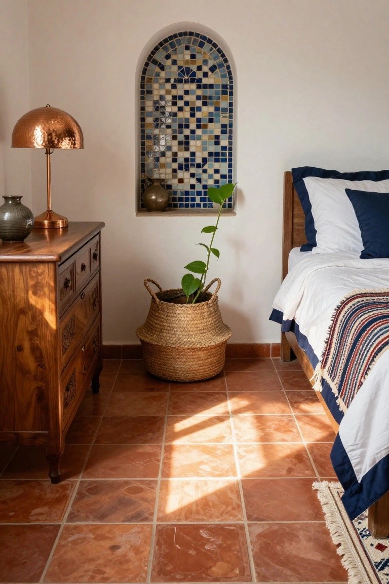 Bedroom corner with terracotta tile floor, wooden dresser holding copper lamp and gray vase, arched wall niche of blue mosaic tiles with green vase and small plant inside, tall trailing plant in woven seagrass basket, and bed with white sheets, blue pillows, and striped throw.