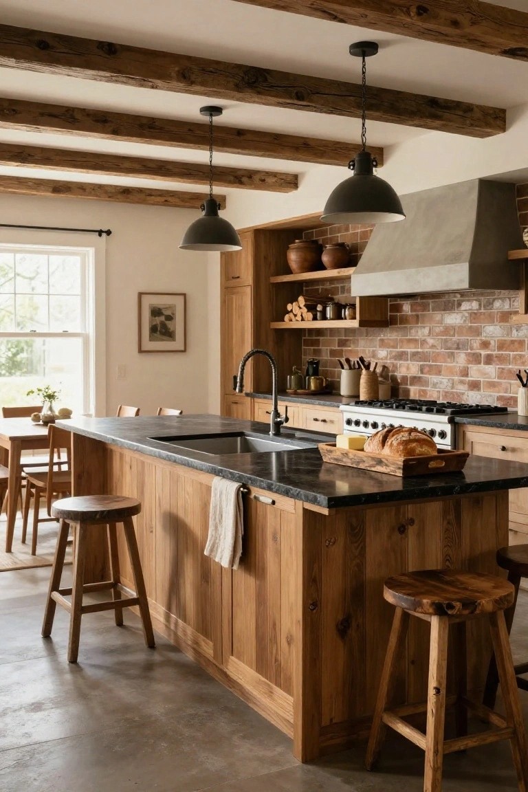 A rustic kitchen with exposed wood beam ceiling, wooden cabinets, large island featuring black countertop and sink, brick backsplash, and wooden bar stools.