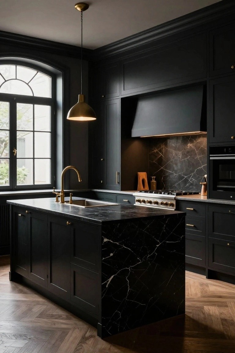 Modern kitchen interior with matte black cabinets, black veined marble island and countertops, gold faucet and handles, brass pendant light, and herringbone wood flooring.