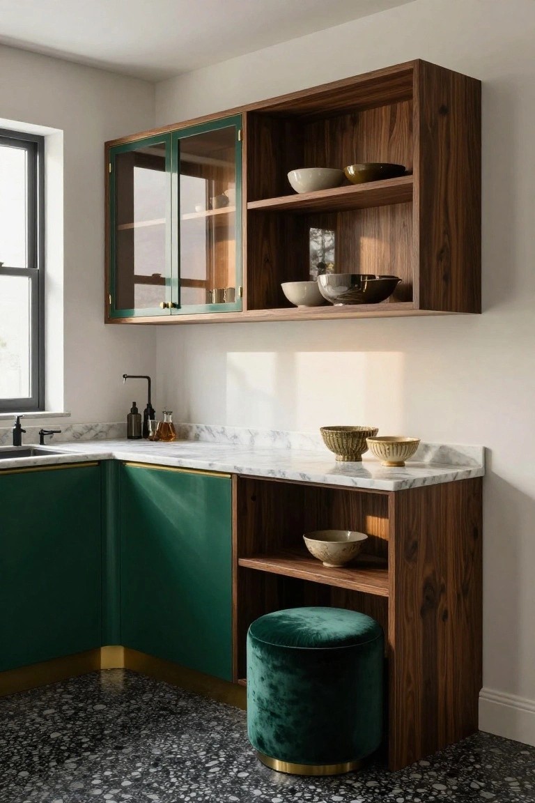Corner kitchen with glossy emerald green lower cabinets, white marble countertop and sink, walnut wood open shelving and cabinets with glass doors displaying ceramic bowls, green velvet stool, and black terrazzo floor.