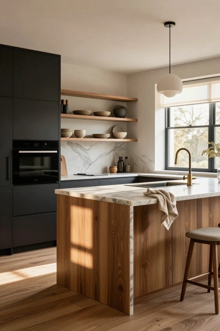 Modern kitchen interior with matte black cabinets, white veined marble counters and backsplash, wooden island with upholstered stools, open wood shelves, and a pendant light over the sink.