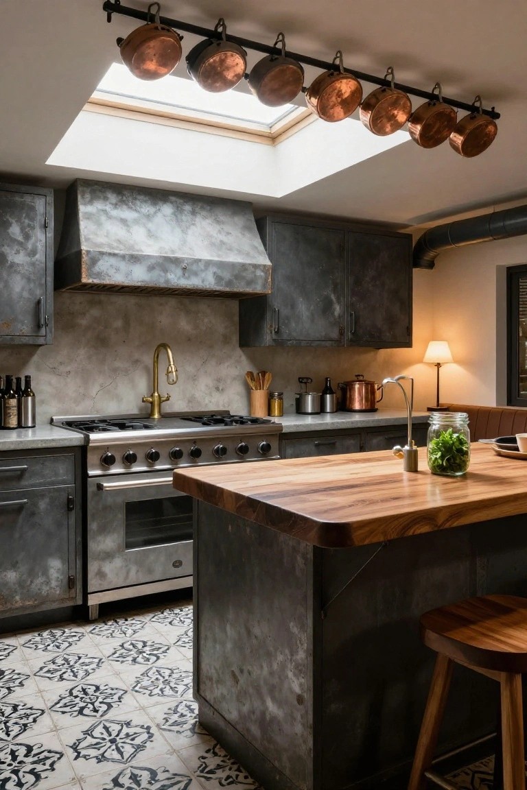 Kitchen interior with distressed gray metal cabinets and range hood, stainless steel oven and cooktop, wooden island countertop, hanging copper pots, brass faucet, jars on the counter, and black and white patterned tile floor.