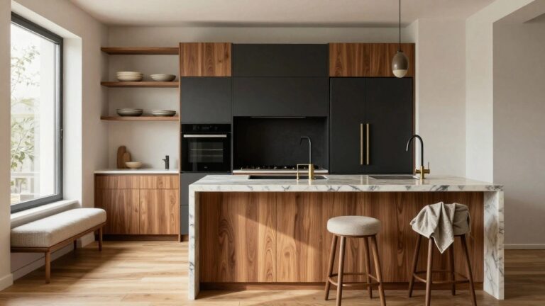 Modern kitchen interior with matte black cabinets, white veined marble counters and backsplash, wooden island with upholstered stools, open wood shelves, and a pendant light over the sink.