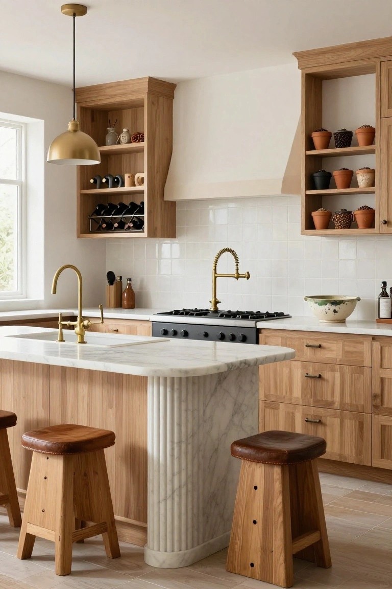 A kitchen with oak cabinets, white subway tile backsplash, black gas range, gold pull-out faucet over a white sink, and a curved white marble island with fluted columns supported by wood base cabinets and brown leather stools.