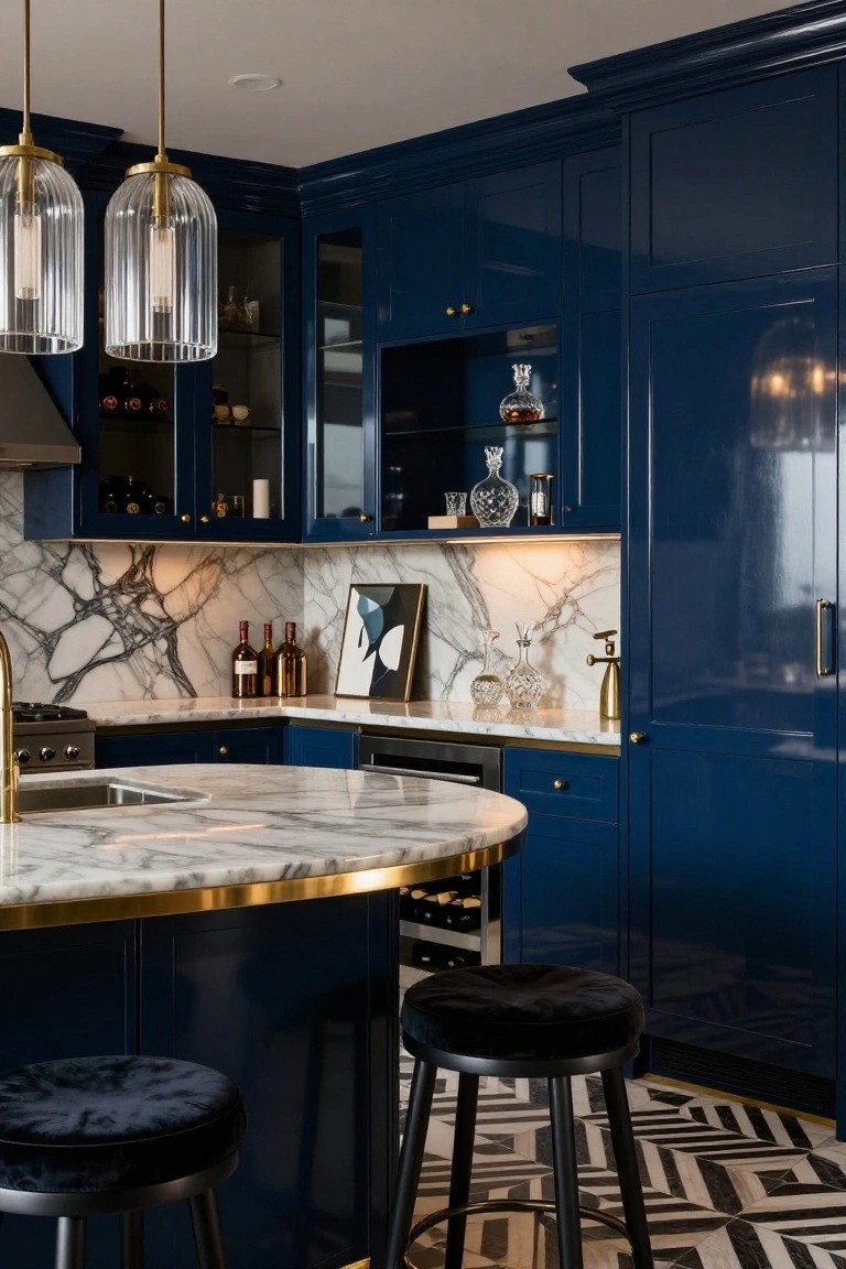 Luxury kitchen with glossy navy blue lacquered cabinets, curved white marble island with gold edge, brass hardware, glass pendant lights, and black velvet bar stools on patterned floor tiles.