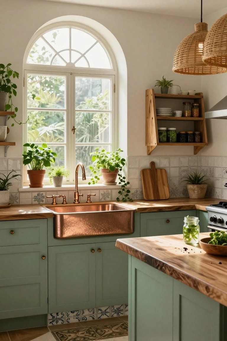 A sunlit kitchen with sage green cabinets, hammered copper apron-front sink, live-edge wood countertop, wooden wall shelf holding jars and dishes, potted plants, and arched window with greenery outside.