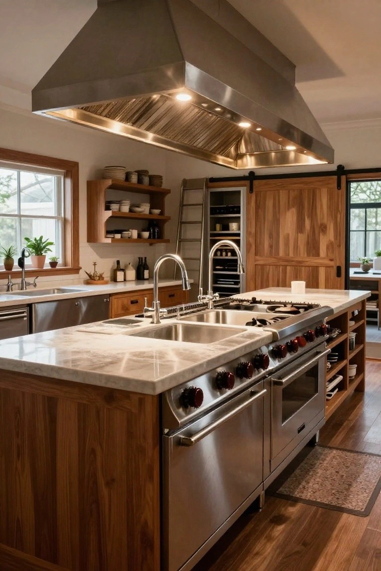 A luxury kitchen with a large central island featuring a built-in stainless steel range with red knobs, double sinks, white marble countertop, wooden base cabinets, and a large stainless steel hood overhead.