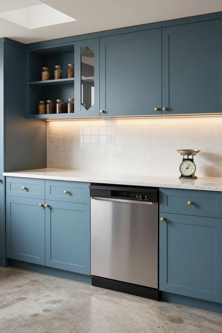 Kitchen with navy blue shaker-style cabinets, white quartz countertop, stainless steel dishwasher, white subway tile backsplash, brass hardware, open shelves stocked with jars, brass kitchen scale on counter, and polished concrete floor.