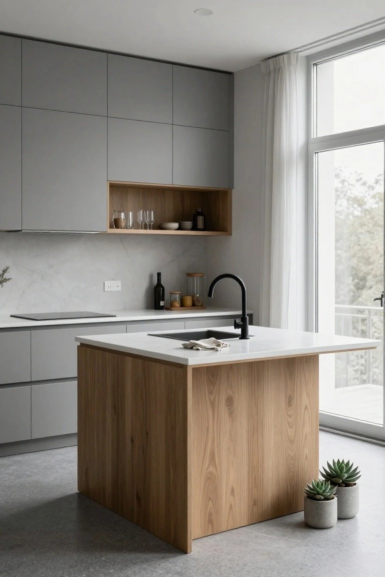 Modern kitchen with light gray flat-panel cabinets, central oak-wrapped island with white countertop and black faucet, marble backsplash, and large window with sheer curtains.