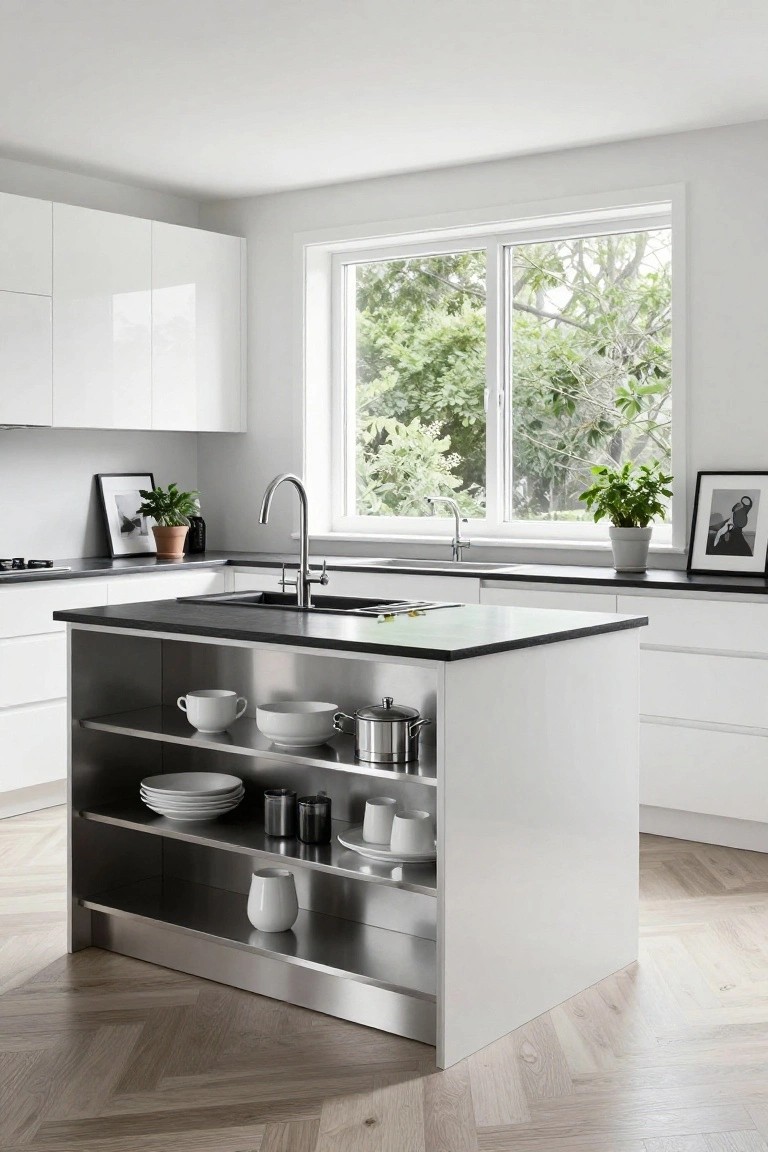 Modern white kitchen featuring a central island with open stainless steel lower shelving displaying white plates, bowls, cups, and cookware, black countertops, sink, and window with view of trees.