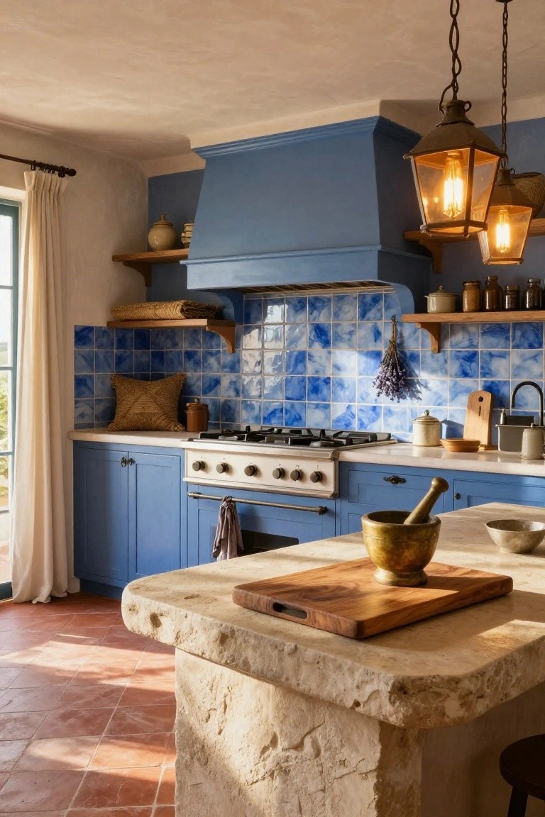 Kitchen interior with blue cabinets and range hood, blue patterned tile backsplash, wooden shelves with pottery, large beige stone island with wooden cutting board, brass mortar and pestle, terracotta tile floor, and a window with white curtains.