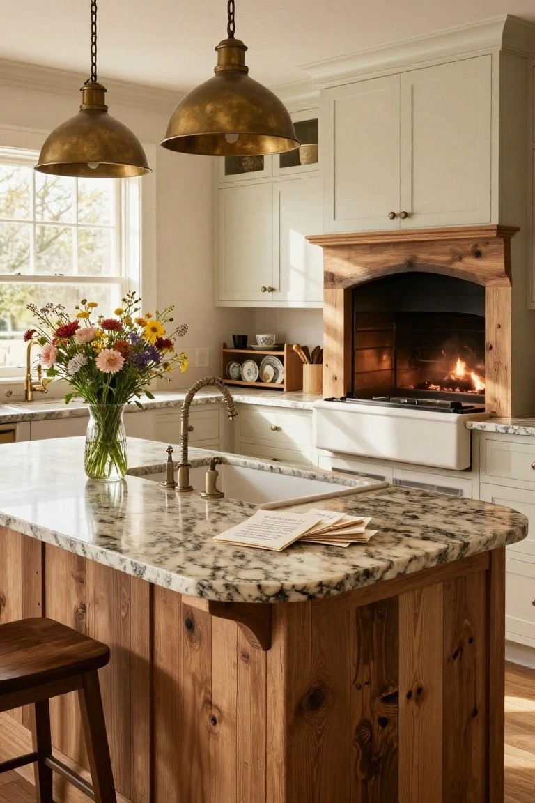 Kitchen interior with central island of vertical wood planks and marble top, cream cabinets, brass pendant lights, bouquet in glass vase on island, farmhouse sink, and arched wood fireplace with fire burning.