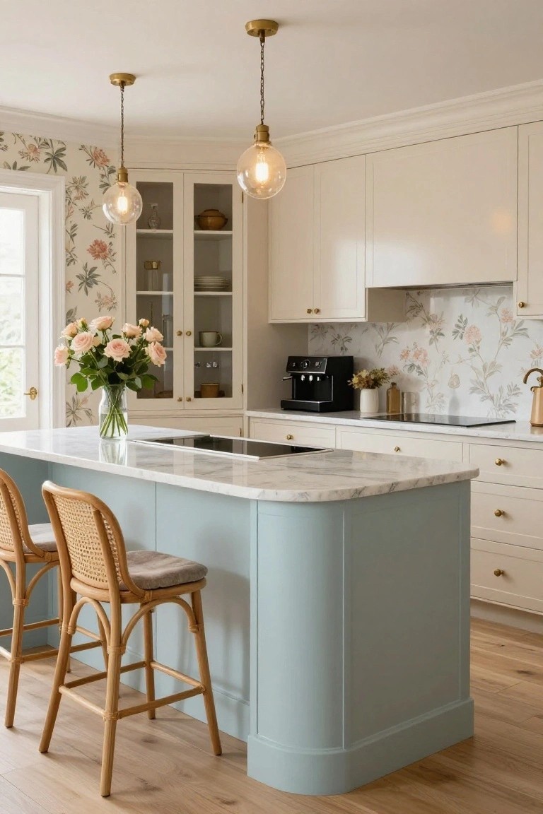 A luxury kitchen with cream cabinets, pale blue curved island topped in white marble, two rattan bar stools, floral wallpaper on walls and backsplash, brass hardware, black coffee machine, and hanging globe pendant lights.