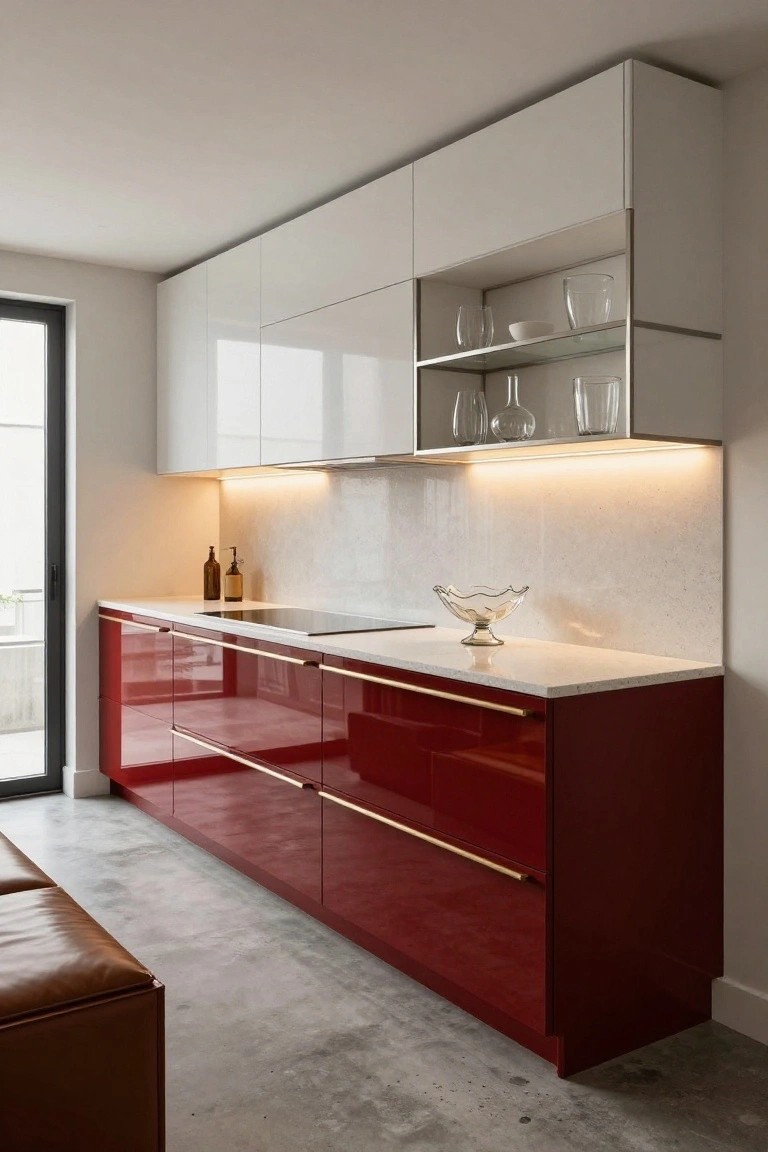 Modern kitchen interior with glossy red lower cabinets and brass handles, white upper cabinets with glass-fronted shelves, white quartz countertop and backsplash, induction cooktop, and a glass sliding door to a balcony.