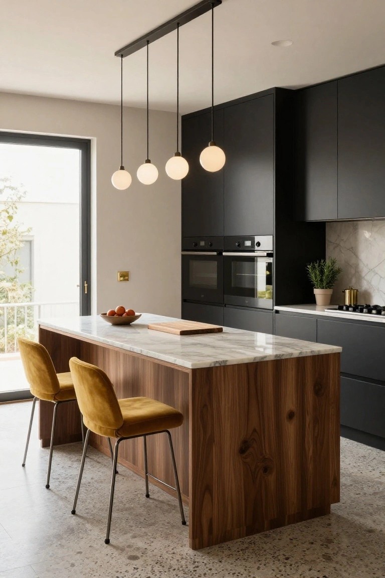 Modern kitchen with black matte cabinets, central island featuring walnut wood base and white marble countertop, two yellow velvet stools, four white globe pendant lights hanging from a black bar, gas cooktop, double ovens, potted plant, fruit bowl, and glass door to outdoor greenery.