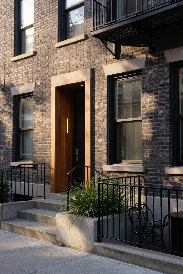 Dark brick townhouse exterior with a light wooden front door, concrete steps, black metal railing, potted grass plant, and a metal chair on the sidewalk.