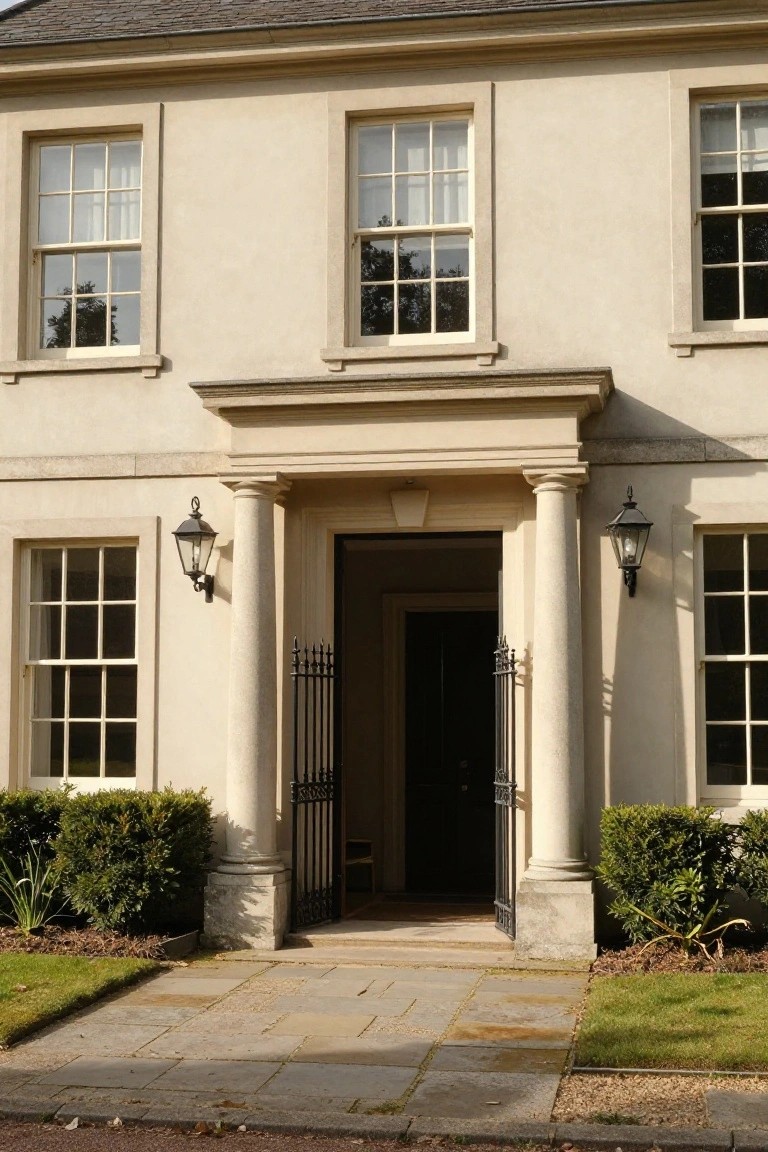 Beige stucco house exterior with symmetric sash windows, central open portico supported by two fluted stone columns, wrought iron gate at the entrance, wall-mounted lanterns, boxwood shrubs, and a stone pathway.