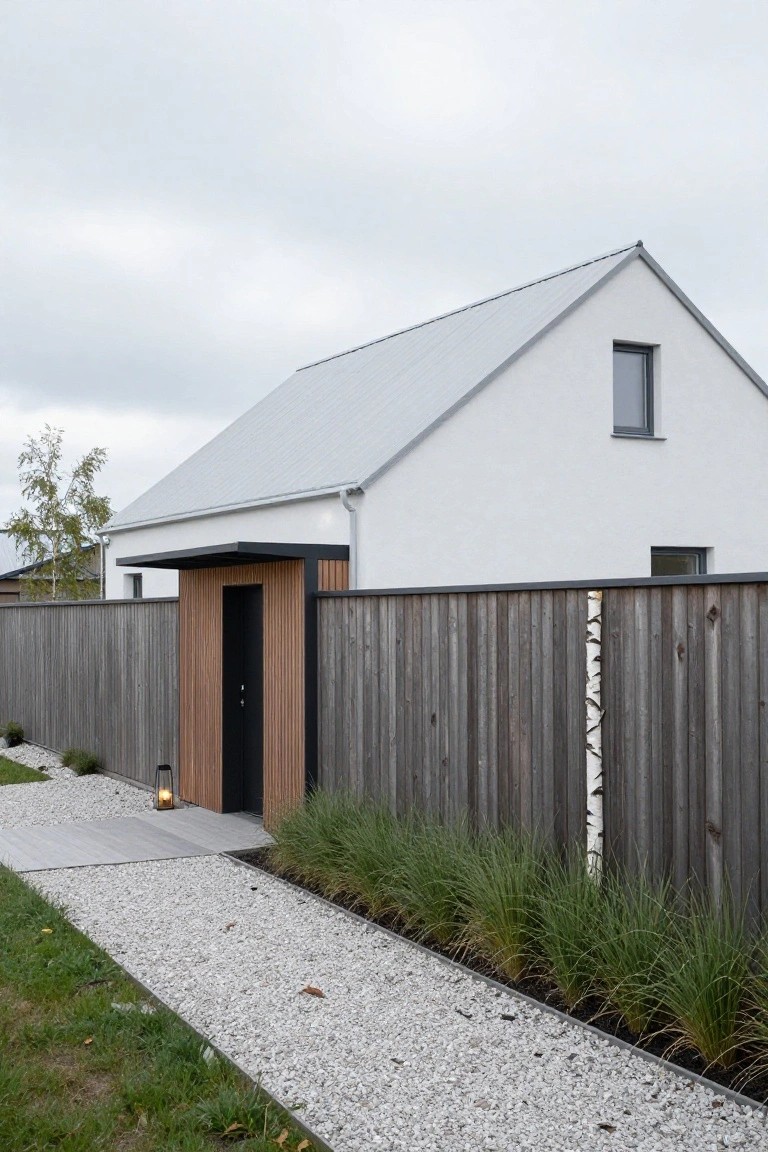 White single-story house with gray metal roof and small window, dark vertical wood-slatted entry door under black awning, tall gray wooden fence with white stripe, gravel path edged with ornamental grasses, and outdoor lantern.