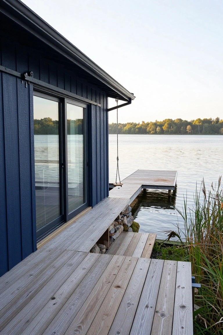 Side exterior of a navy blue wooden cabin with large sliding glass doors, a light wood deck with a swing extending to a dock on a lake, reeds in the foreground, and trees across the water.