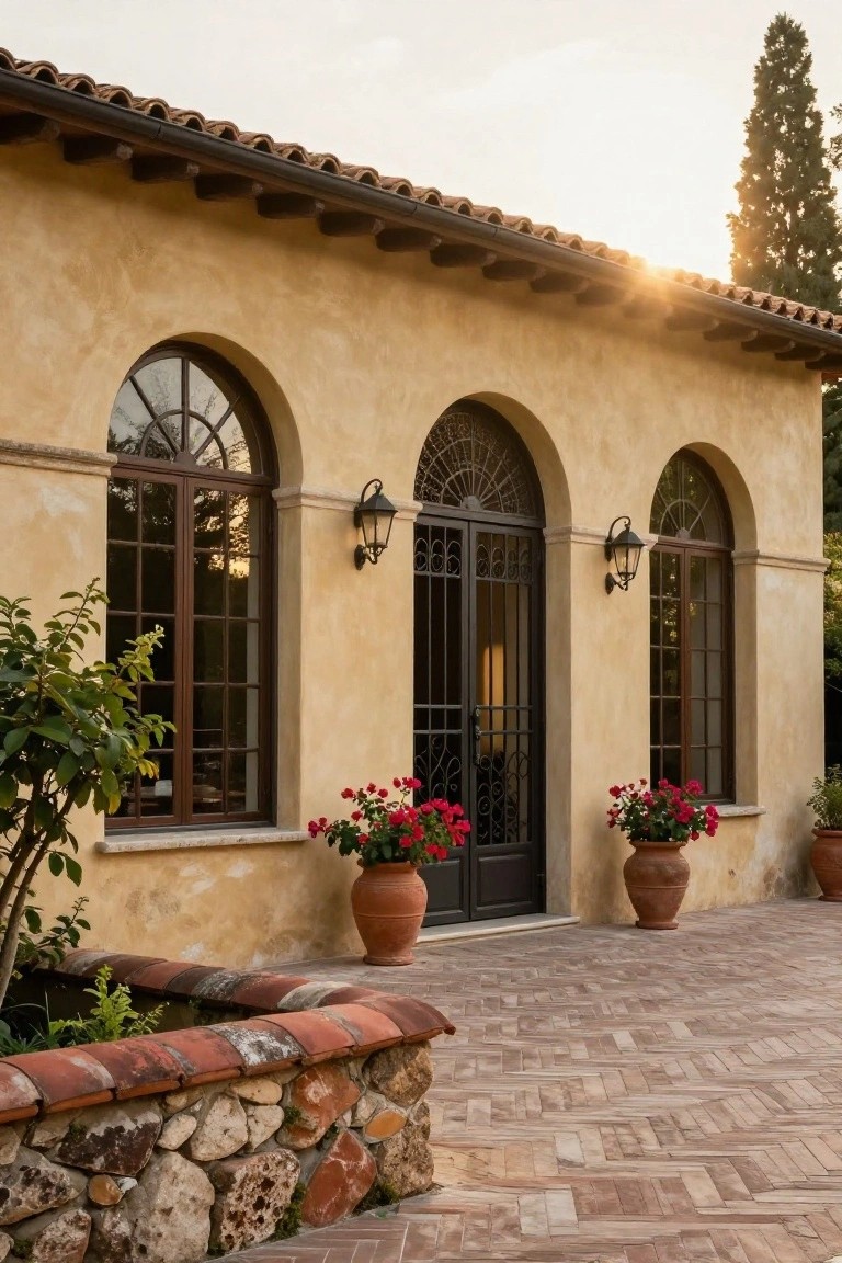 Yellow stucco house facade with three arched openings including a central black wrought-iron gate door, flanked by wall lanterns and red geraniums in large terracotta pots, beside a stone-edged planter and brick pathway.