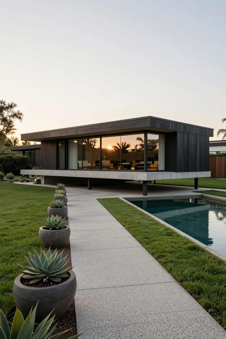Modern rectangular house with black wood cladding elevated on concrete piers above a lawn, featuring large glass windows, a concrete pathway lined with potted agave plants leading to a rectangular pool, and palm trees nearby at sunset.
