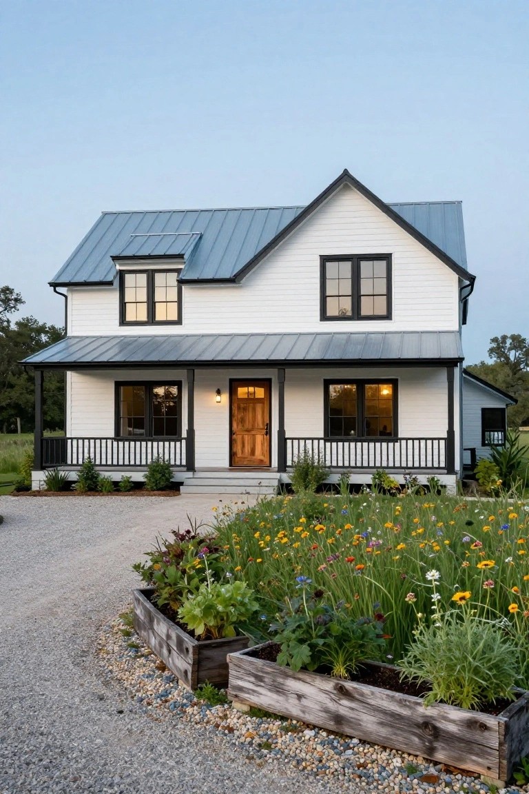 White clapboard farmhouse with blue standing-seam metal roof, black window frames, wooden front door, wraparound porch with railing, gravel driveway, and raised wooden planters with colorful flowers.