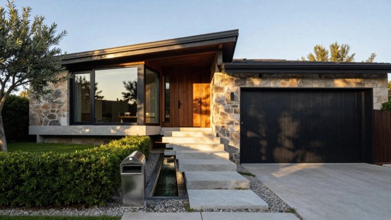 23 Dreamy Luxury House Designs Worth Saving For Later Beige stone house exterior with wooden double doors under timber overhang, black garage door, olive tree, boxwood hedges, water channel, stainless steel mailbox, concrete path, and gravel driveway.