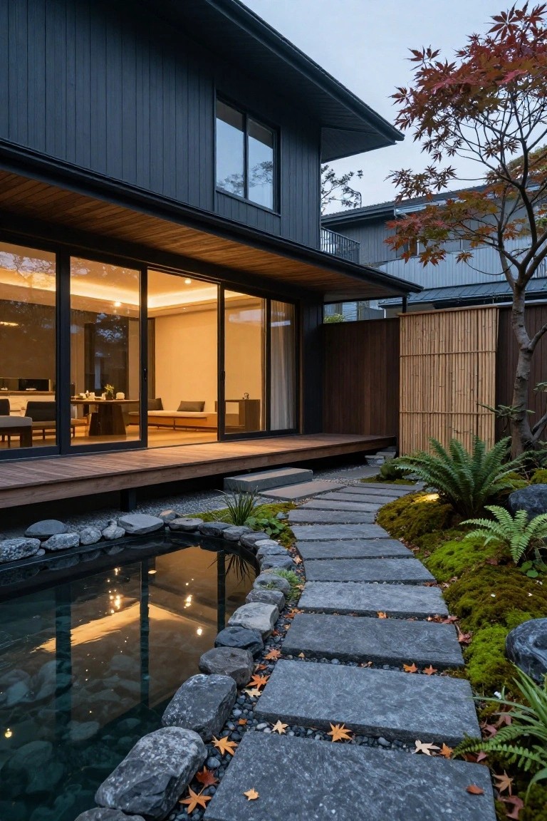 Dark wood modern house exterior with large glass sliding doors open to a wooden deck beside a rock-lined koi pond, curving dark flagstone path, mossy ground cover, ferns, and autumn leaves in a Japanese-style garden.
