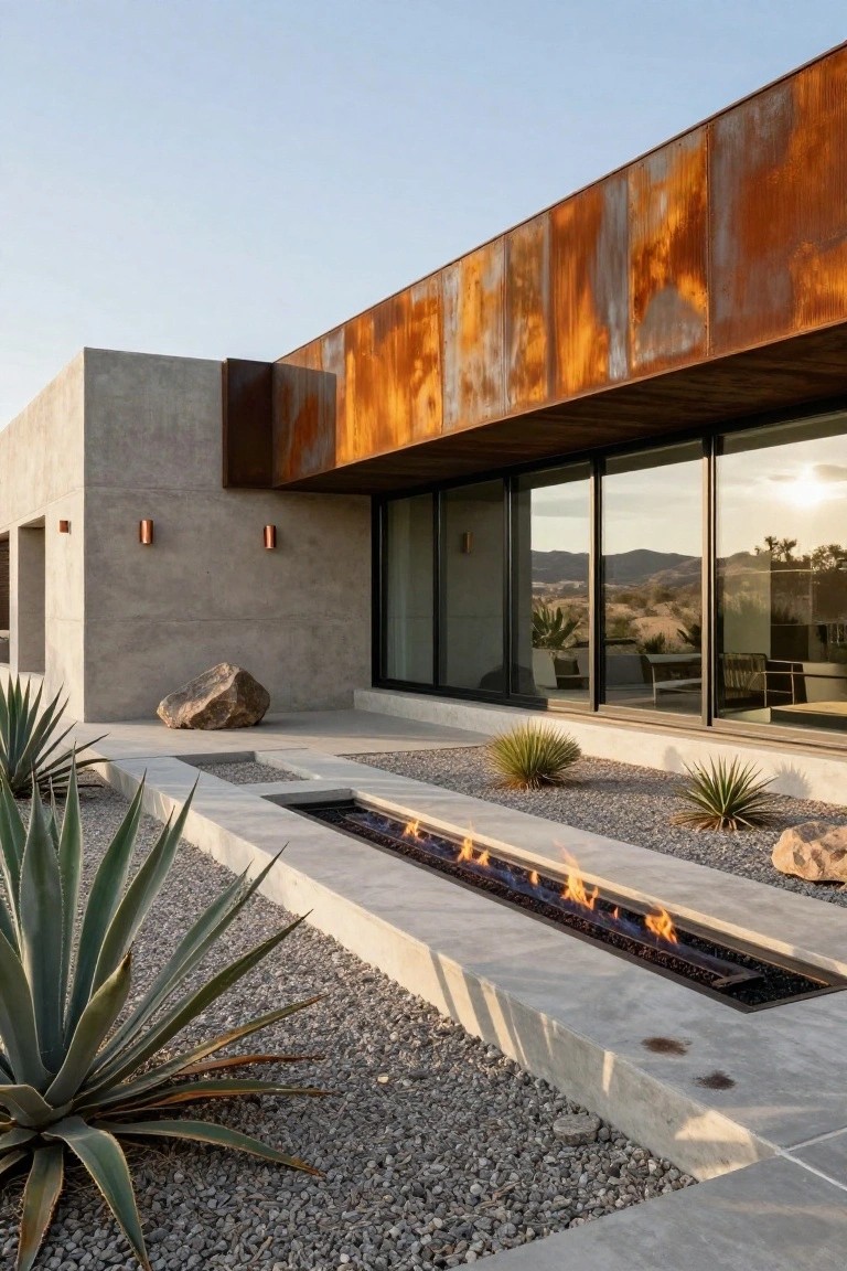 Modern house exterior with concrete walls and rusted metal overhang, featuring large sliding glass doors overlooking desert landscape, a linear gas fire pit embedded in a concrete pathway lined with gravel, agave plants, and boulders.