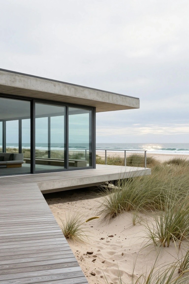 Modern gray concrete house with large floor-to-ceiling glass windows facing the ocean, wooden deck extending into beach dunes with sea grass.