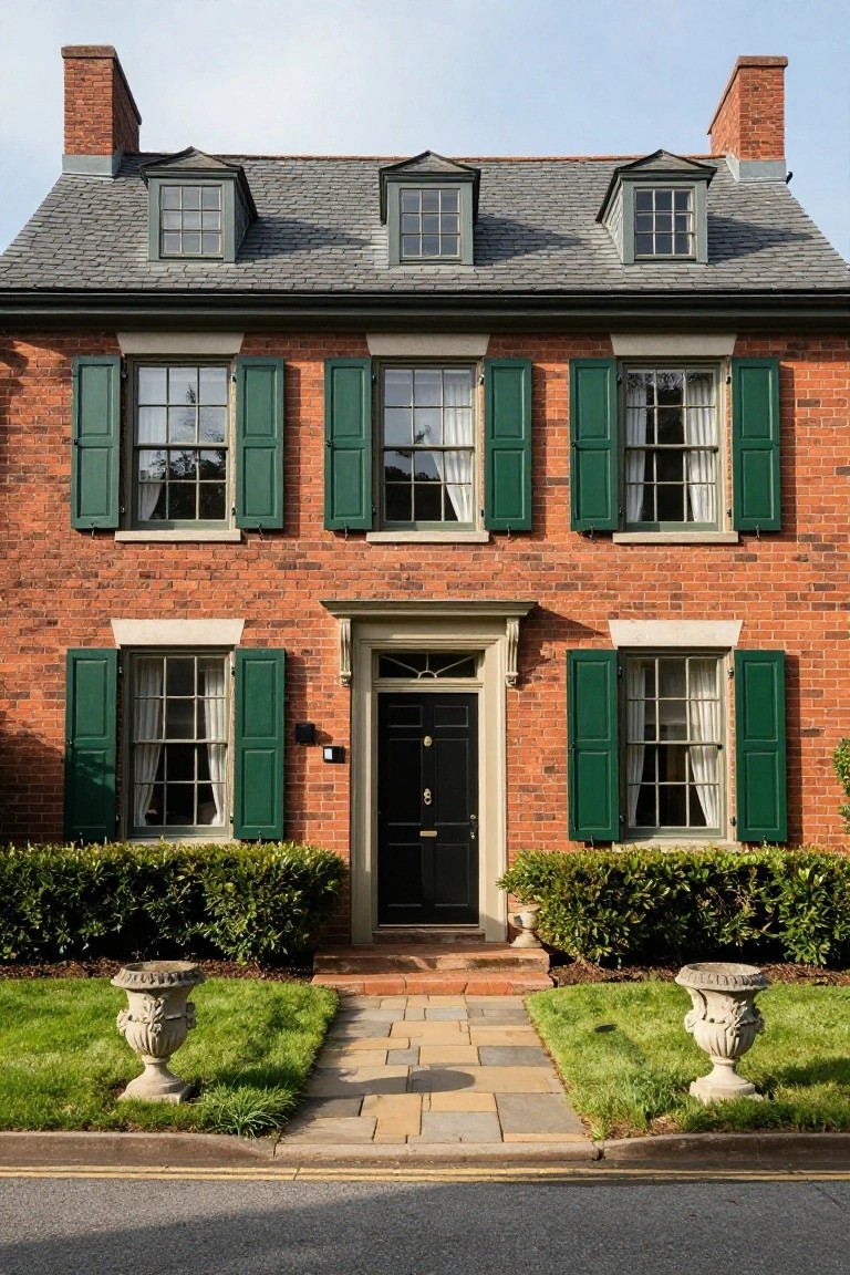A two-story red brick house with gray slate roof, green shutters on multi-pane windows, two dormers, central black front door, boxwood shrubs, and stone urns flanking a stone pathway in front of a lawn.