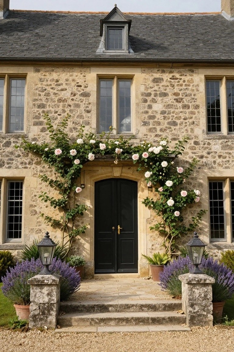 Stone house facade with pink climbing roses draped around the black front door and archway, flanked by stone pillars topped with lanterns and potted lavender plants, stone steps leading from gravel driveway.