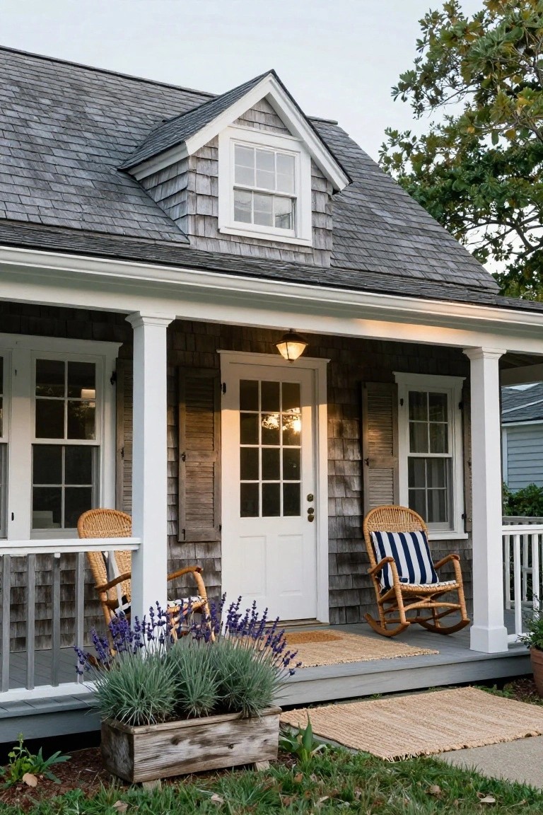 Gray shingled house exterior with white trim, gabled roof dormer window, covered front porch with columns supporting rocking chairs, white front door, flanked windows with shutters, wooden planter of lavender, seagrass rug on porch steps, and surrounding lawn and trees.